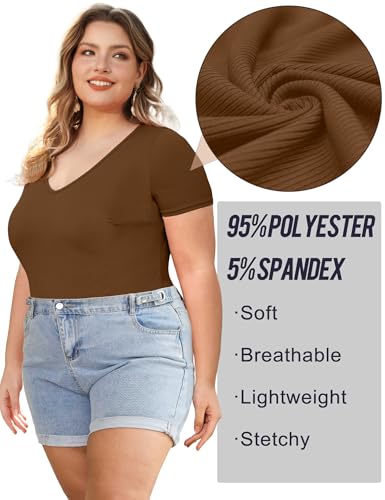 Image of COOTRY Plus Size Short Sleeve Bodysuits for Women V Neck Body Suit Tops Basic One Piece Bodysuit T Shirt