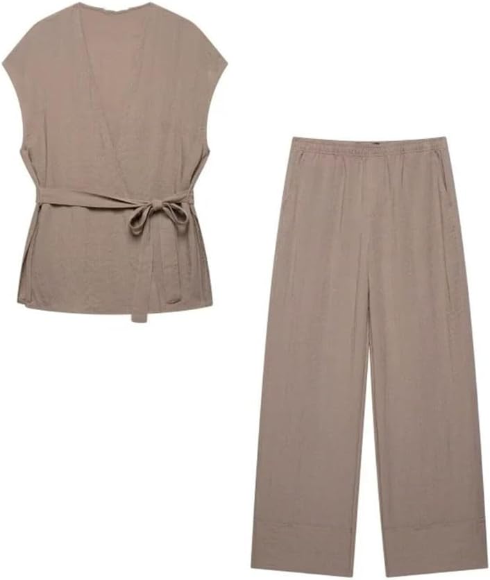 Women's Two-Piece V-Neck Vest Belted Front Zipper Straight Pants Set