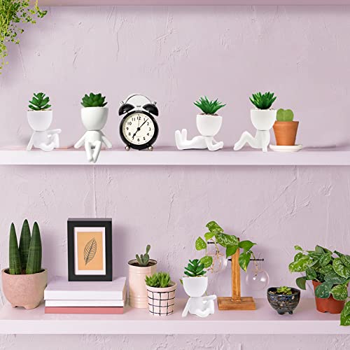4 Pcs Artificial Succulent Plants With Creative Ceramic Human Figure Planter Pot, Mini Potted Planter Succulent Decor For Desktop Office Bedroom Table (Ceramic White) #TOP5