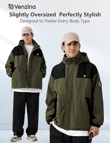 Image of Venzina Men's Waterproof Rain Jacket-Lightweight Windbreaker with Color Block Design, Breathable for Urban Outdoor, Daily Commuting I Fashion Unisex Couple Jacket