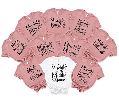 Universal Family Tees, Matching Trip Outfits, 2025 Vacation Apparel, Wizard House Tops, Mischief Manager Design, Birthday Squad Crew Wear, First Travel Adventure Shirts, Fun Group Clothing Black