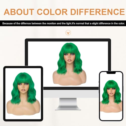 Image of AGO Green Bangs Wig Pastel Bob Wig Shoulder Length Loose Wave Synthetic Hair for Women Girl Synthetic Heat Resistant Fiber for Daily Party Halloween Cosplay Use(G43#Green)