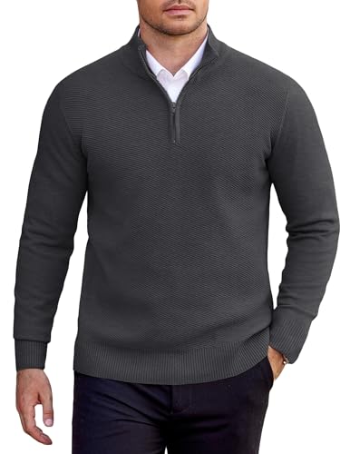 COOFANDY Jersey Cremallera Hombre Invierno Punto Suéter para Hombre Cálido Jerseys Cuello Alto Pullove Clásico Jerséis Hombres Slim Fit Gris Oscuro XXL