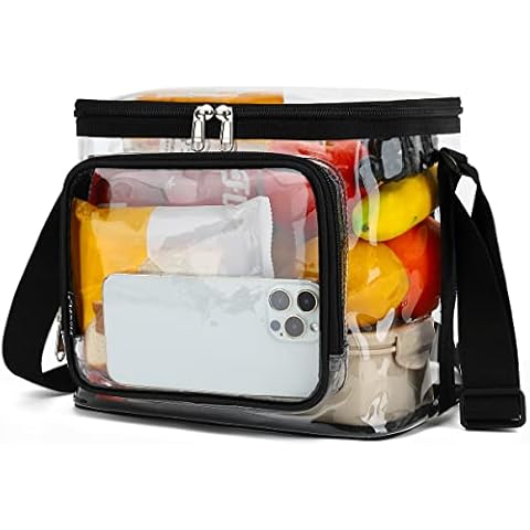 FlowFly Clear Lunch Bag Adult Large Heavy Duty Transparent Stadium Approved Lunch Box for Women and Men with Adjustable Shoulder Strap, Front Zipper Pocket, Clear Cover