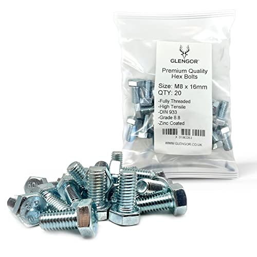 Image of Glengor Premium M8 x 16mm Hex Bolt | Fully Threaded Setscrew Zinc 8.8 | Pack of 20