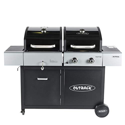 Outback Dual Fuel 2Burner Gas and Charcoal Trolley BBQ with Multi Cook