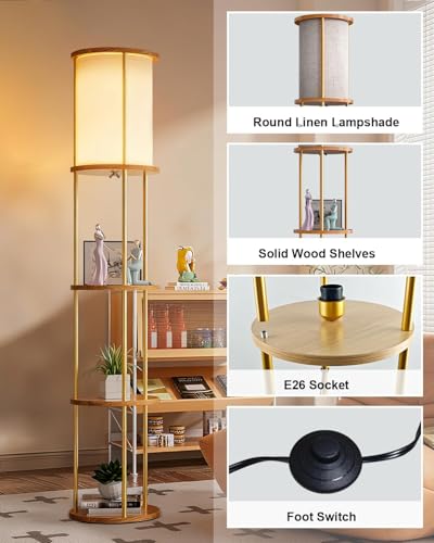 Image of Lightdot 61 inch Floor Lamp with Shelves, Modern Gold Floor Lamp with Fabric Shade and 3- Tier Solid Wood Table Attached, Corner Bookshelf Lamps with 3000K Bulb Included for Sofa Beside /Corner Decor