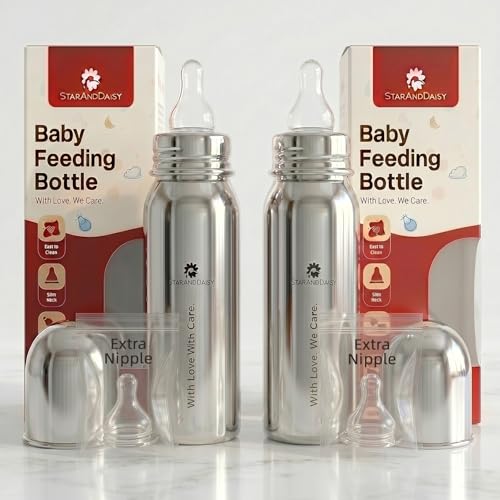 Image of StarAndDaisy Baby Milk Bottle for new Born /Infant /Toddler Pack of 2-300 ML SUS 304 Steel Baby Feeding Bottle for 0+ Months, BPA Free Leakproof Bottle, Anti Colic, Easy to Clean & Extra Nipple