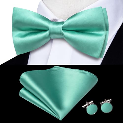 Image of Hi-Tie 5Pcs Mens Solid Color Silk Tie Satin Pretied Bowtie Lapel Pin for Men Handkerchief Cufflink Wedding Gift Box