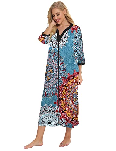 Print Nightgown Sleepwear V Neck House Dress Maxi Lounger Comfy Mumu Dresses Long Sleeve Cotton Zipper Bathrobe Duster Housecoat Grandma House Wear Sleepshirt #TOP1