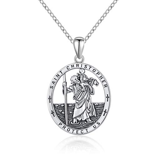 Oval St Christopher/Jesus Medal Necklace for Men Women, THRISHULA Sterling Silver Saint Christopher Protect US Oxidation Pendant Necklace Jewelry Gift 18''+2''(Gift Box Included)
