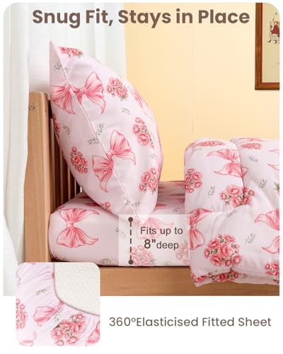 Image of TinyPalsa 4-Piece Toddler Bedding Set, Toddler Bed Comforter Set for Girls | Includes Comforter, Fitted Sheet, Flat Sheet & Pillowcase, , Pink Bow