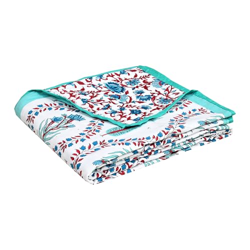 Image of BLOCKS OF INDIA Hand Block Printed Cotton Single Size Reversible Malmal Dohar for Summer (Turq Patti)