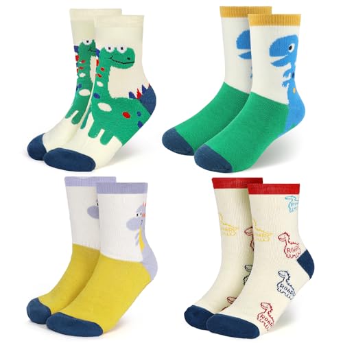 wanchel 4-Par varma vinterstrumpor för barn – merinoull vandring tjocka termiska strumpor för pojkar flickor småbarn, barn, 4 Paris dinosaurier, 6-9 Years