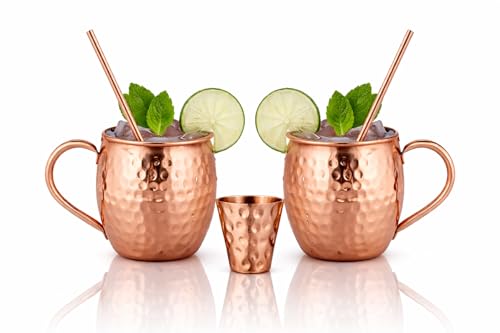 BOLD & DIVINE Moscow Mule Copper Mugs - Set of 2 100% HANDCRAFTED - Food Safe Pure Copper Solid Mugs - 16 oz Gift Set with Premium Quality Cocktail Straws & Shot Glass!