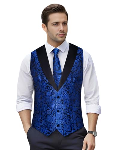 Image of DiBanGu Mens Paisley Suit Vest Silk Jacquard Waistcoat and Necktie Set Formal Shawl Collar Dress Vest 7PCS for Wedding Party