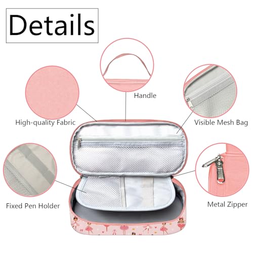 Image of Pink Ballet Pencil Case for Girls, Ballet Dancer Pencil Box for Kids Ballerina Pen Bag, Large Capacity Ballet Dance Pencil Pouch with Zipper Compartments for School Office