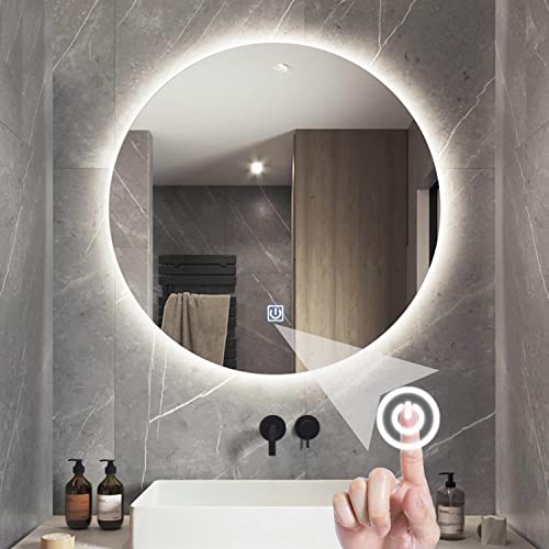 MKYOKO Specchio Rotondo a LED per Bagno, Specchio da Bagno a LED, Specchio Illuminato a LED Rotondo Senza Cornice per Bagno, 20' 24' 28' 31,5' Specchi a Parete Interruttore Smart Touch (C