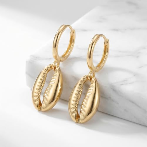 Image of Gold Starfish Mermaid Tail Dangle Drop Earrings for Women, Trendy Cute Pearl Fish Tail Shell Textured Hoop Dangling Earing Summer sea Beach Jewelry Gift.