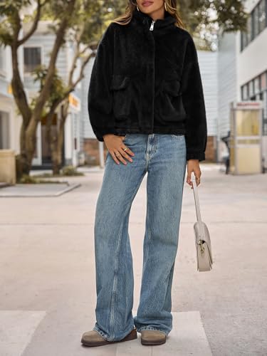 Tankaneo Womens Cropped Faux Fur Coat Fleece Stand Collar Zip Up Jacket 2025 Winter Warm Outerwear4