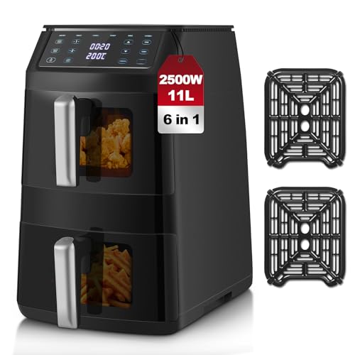 TopStrong Friggitrice ad Aria Doppio Cestello, 11 Litri Air Fryer Verticale 2 Cestelli con Finestra, 40-220℃, 6 Funzioni, Compatta, 2500W, Fino a 8 Persone, Componenti Lavabili in Lavastoviglie