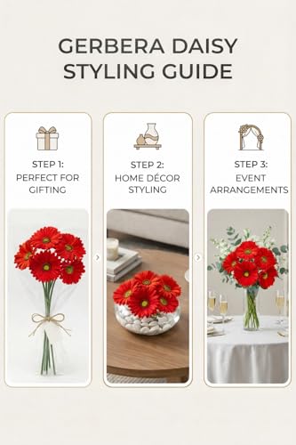 Image of CURATED CART Gerbera Daisy Flowers - Pack of 5 Red Faux Blooms, 30cm Tall | Real Touch PU Petals with Bendable Green Stems | Artificial Flower Bouquet for Home, Kitchen, Office (Red) (No Vase)