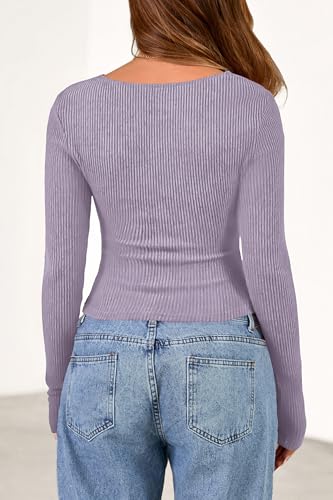 PRETTYGARDEN Women's Long Sleeve Cowl Neck Ribbed Knit Spring Shirts Slim Fit Ruched Going Out Crop Tops Basic T-Shirts(Light Purple,XX-Large) — view 5