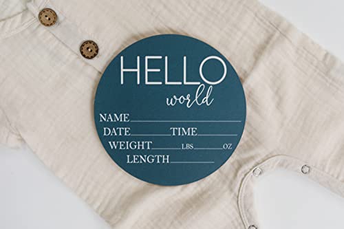 Image of Baby Announcement Sign for Newborn Boys and Girls (Color Bases) - Hello World Nursery Decor Sign & Photo Prop for Babies Made of Birch Wood - 6 inch Circle Board (Blue)