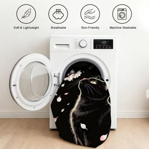 Image of Black Cat Comforter Set Full Size Cherry Blossom Bedding Set | Cute Pink Sakura Floral Print Bedding Set for Girls Women, 3 Pieces Soft Microfiber All Season Bed Set with Pillowcases