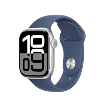 Apple Watch Series 10 GPS • Caixa prateada de alumínio – 42 mm • Pulseira esportiva denim – P/M