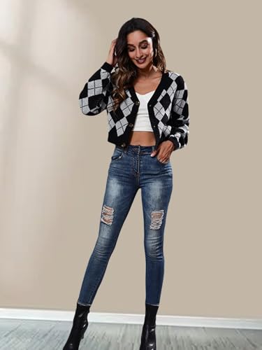 Image of Wowcarbazole Women's Knit Cardigan Sweaters Long Sleeve Argyle Open Front Button Down V Neck Cropped Coats Casual Trendy Tops(Grey Black-XL)
