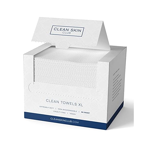Clean-Skin-Club-Clean-Towels-XL-Worlds-1ST-Biodegradable-Face-Towel-Disposable-Makeup-Removing-Wipes-Dermatology-Tested-Approved-100-Organic-Cruelty-Free-Super-Soft-for-Sensitive-Skin-50-Count-Single- Clean Skin Club Clean Towels XLâ¢, 100% USDA Biobased Face Towel, Disposable Face Towelette, Makeup Remover Dry Wipes, Ultra Soft, 50 Ct, 1 Pack