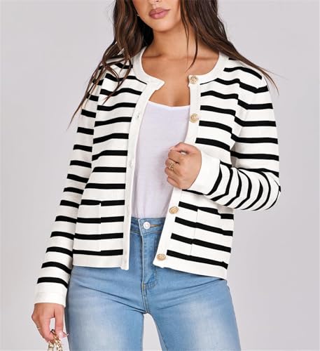 Women Striped Cardigan Sweaters Knitted Gold Buttons Crew Neck Sweater with Pocket Cropped Knit Lady Casual Jackets Coat2