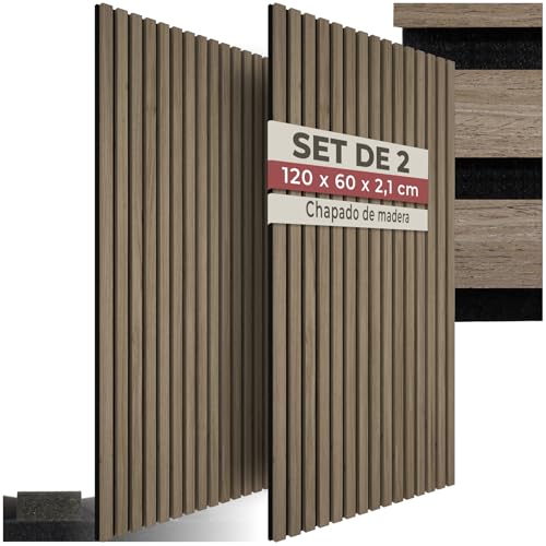 tectake® Paneles Acusticos Decorativos MDF, Chapa de Madera Real, Excelente Acústica, Tejido de Fieltro y Madera, Insonorización Acústica Pared - 60 x 120 x 2,1 cm 2 Paneles Roble Oscuro