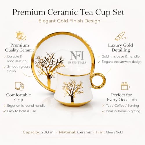 Image of NFI essentials Ceramic Cup & Saucer Set of 6 Pcs, Tea /Coffee Cup, Microwave & Dishwasher Safe, Premium Mug Perfect for Daily Use, Office, Gifting Elegant Golden Color Design 200ML