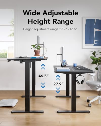 Image of HUANUO Electric Standing Desk, Height Adjustable Desk, 4 Memory Height Settings, Black Sit to Stand Up Desk for Home Office, with Headphone Hook, Cable Manager