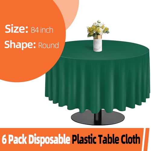 Image of tujol Dark Green 6 Pack Plastic Table Cloth 84 inch, Disposable Round Tablecloth Table Cover, Plastic Tablecloths for Parties