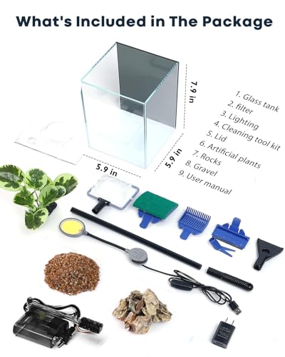 Image of Desktop Small Aquarium Set Glass Fish Tank 1.25 Gallon, with Water Pump Filter Bright LED Light Gravel Cleaning Tool, Starter Kit Small Space Easy Setup Space-Saving Design Betta Shrimp