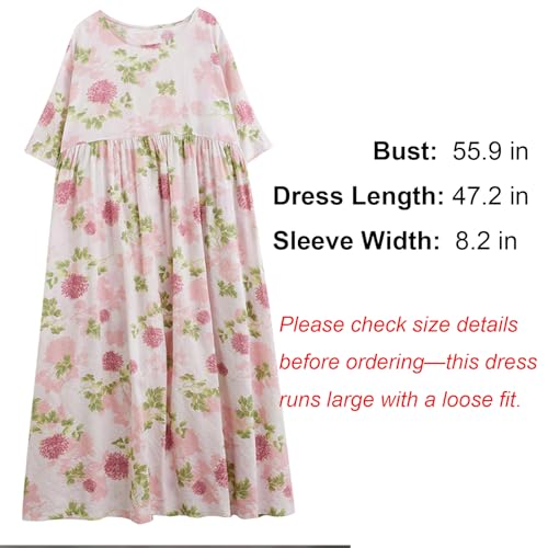 Image of Women's Plus Size Casual Dresses Pink Floral Print Loose Maxi Dress Short Sleeve O Neck Lounge Dress