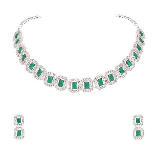 BCOMWALA JEWELS Sparkling White & Green AD Studded Silver Tone Choker Necklace Set with Matching Earrings - Elegant Pendant Necklace, Layered & Statement Jewelry for Women