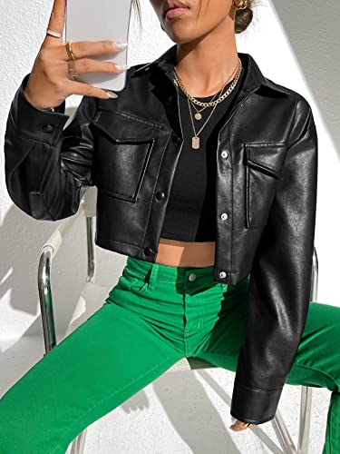 Verdusa Women's Button Up Long Sleeve PU Leather Crop Jacket Outerwear with Pockets4