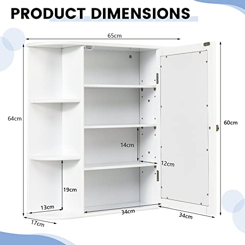 GIANTEX Armario de Baño de Pared, Armario Colgante de Madera con Puertas de Espejo, 6 Compartimentos Laterales y 4 Estantes de Almacenamiento, 65 x 17 x 63 cm (Blanco) - imagen 3
