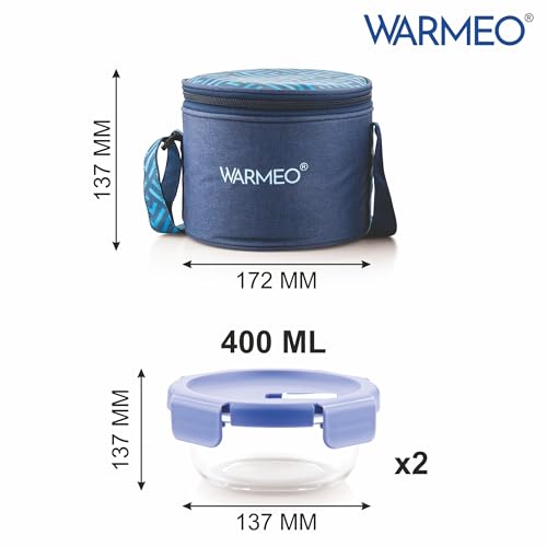 Image of WARMEO BOROFRESH 2 pc Round Borosilicate Glass Container (400 ml Each) | Leakproof, Microwave & Dishwasher Safe Lunch Box with Bag for Office, College & School