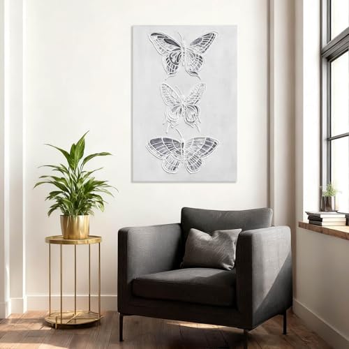 YETHEN WAL Butterfly Canvas Wall Art, White Butterfly Trio Hand-Painted Textured Artwork, Modern Neutral Vertical Wall Decor for Living Room Hallway Over Console, 24x36 Inch