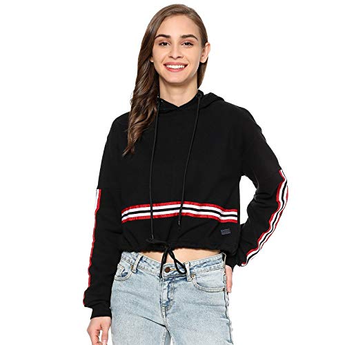 Image of PINACOLADA Women Black Solid Crop Hooded Sweatshirt