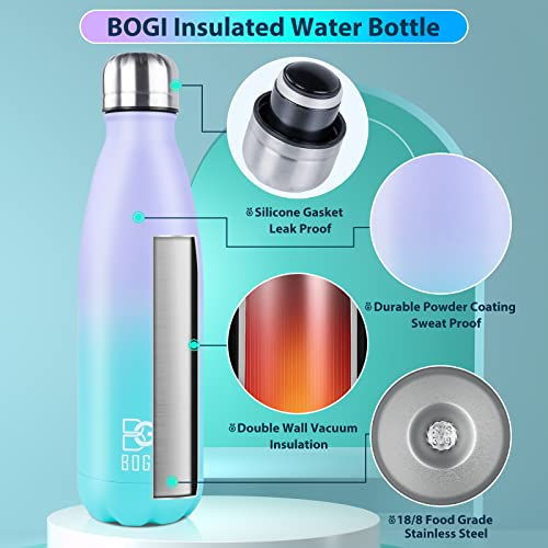 Bogi Insulated Water Bottle, 17Oz Stainless Steel Water Bottles, Leak Proof Sports Metal Water Bottles Keep Cold For 24 Hours And Hot For 12 Hours Bpa Free Kids Water Bottle For School (Purple Mint) #TOP2