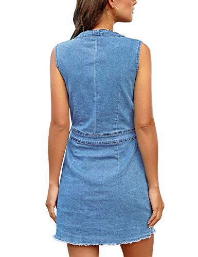 LookbookStore Women Sleeveless V Neck Button Down Frayed Hem Short Denim Dress2