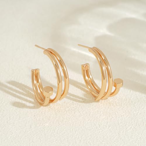 FETTERO Split Hoop Earrings 14K Gold Plated Chunky Hoop Earrings for Women Dainty Hypoallergenic Half Hoop Earring Jewelry Triple Hoop Earrings