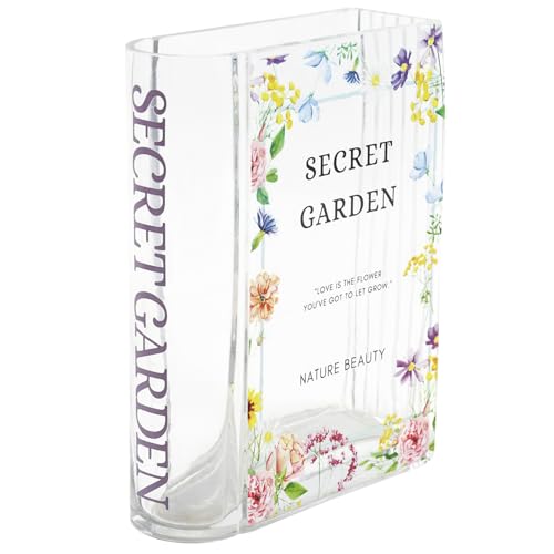 PORPAN Glass Book Vase, Clear Book Vase for Flowers, Unique Flower Vase, Modern Book Shaped Vases for Bedroom, Living Room, Office, Coffee Table, Bookshelf(Garden)