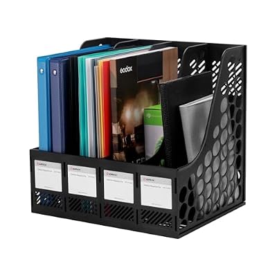 Comix Magazine File Holder Rack/Vertical Desktop File Organizer - Plastic Desk Organizer for Files, Folders, Books - 4 Compartment Binder Organizer - Black